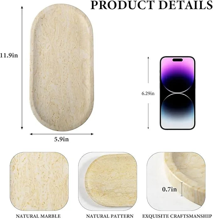 Koville Natural Marble Tray for Home Decor, 12"x6" Marble Vanity Tray for Dresser, Stone Perfume Organizer Jewelry Dish for Bathroom, Stone Catchall Storage Trays for Candles - ModernBath