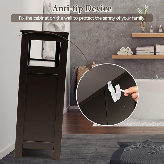 LDAILY Freestanding Bathroom Organizer, Double Shutter Doors, Adjustable Shelf, Wooden Floor Cabinet, Brown - ModernBath