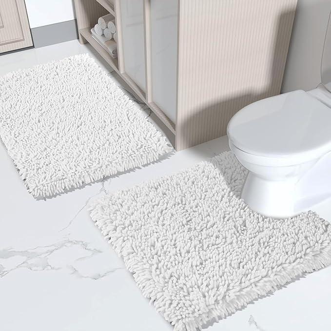 Yimobra Bathroom Rugs Sets 2 Piece, Soft Absorbent Bath Mat and U-Shaped Toilet Rug with Non Slip Backing, Luxury Shaggy Bath Mats for Bathroom, Machine Washable, 24"x17"+24"x20", White - ModernBath