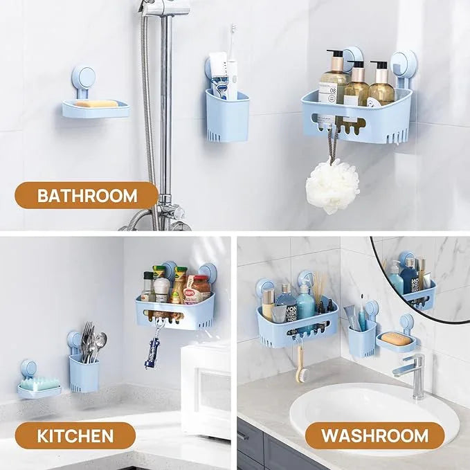 LEVERLOC Shower Caddy Suction Cup Set Shower Organizer & Soap Holder & Toothbrush Holder, Bathroom Shelf Basket NO-Drilling, Removable Suction Storage Waterproof Bathroom Caddy, Blue - ModernBath