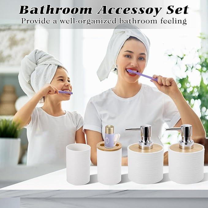 XLHOMO White Bathroom Set, White Bathroom Accessories Set with Trash Can, 2PCS Soap Dispensers, Soap Dish, Toothbrush Holder, Toothbrush Cup,Toilet Brush, Tray and Qtip Holders for Bathroom Decor - ModernBath