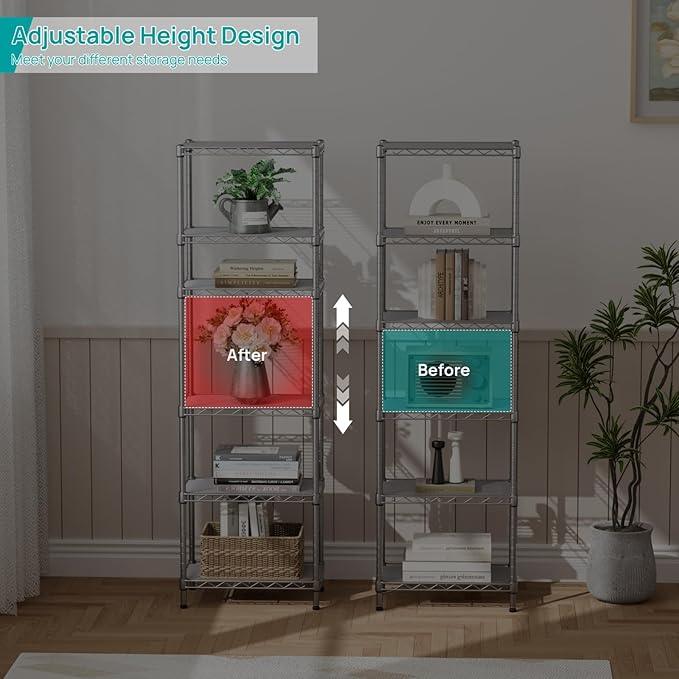 SINGAYE 6 Tier Shelf Wire Shelving Adjustable Storage Shelves Rack Standing Units for Kitchen Closet Laundry Bathroom Organizers Metal Pantry Narrow Mesh Gaps 10" D x 16" W x 60" H Gray - ModernBath