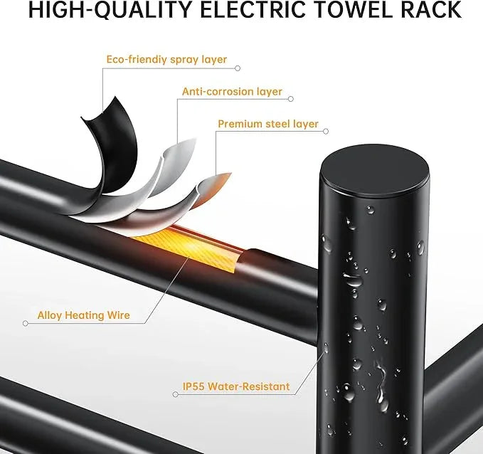 Towel Warmer Rack, Heated Towel Racks for Bathroom, Wall Mounted Towel Warmer, Stainless Steel 10-Bars Drying Rack with Intelligent Touch Screen Timer, Matte Black - ModernBath