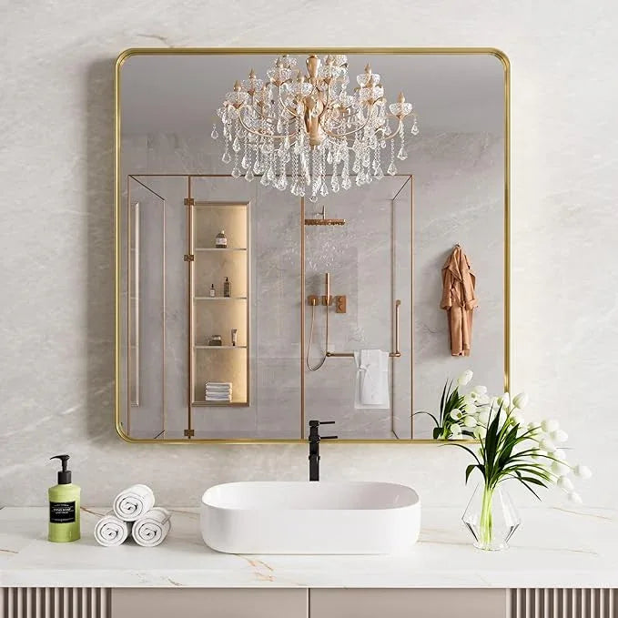 JISOSO Gold Bathroom Mirror, 36x36 Inch Brushed Gold Metal Frame Mirror for Wall, Rounded Rectangle Bathroom Vanity Mirror, Tempered Glass, Anti-Rust, Horizontal/Vertical - ModernBath
