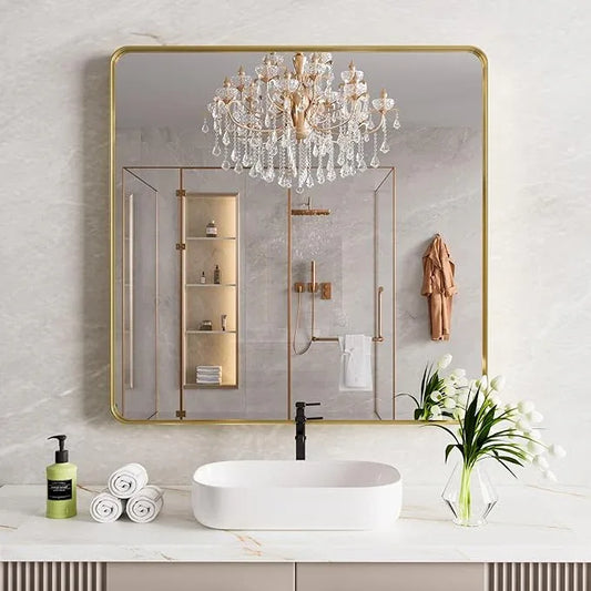 JISOSO Gold Bathroom Mirror, 36x36 Inch Brushed Gold Metal Frame Mirror for Wall, Rounded Rectangle Bathroom Vanity Mirror, Tempered Glass, Anti-Rust, Horizontal/Vertical - ModernBath