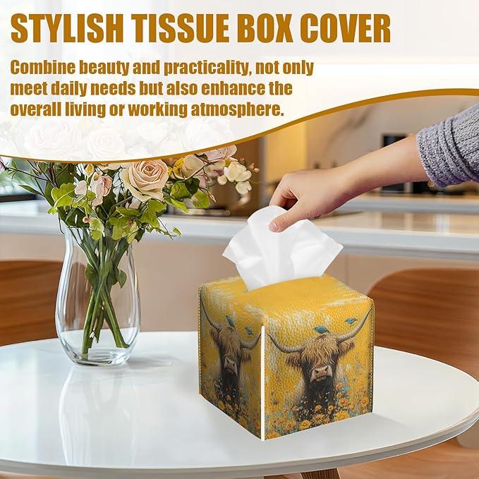 Highland Cow Floral Tissue Box Cover 2PCS, Bird Leather Tissue Box Holder Square Facial Paper Case Tissue Box Cube Organizer for Bathroom Bedroom Desk Office - ModernBath