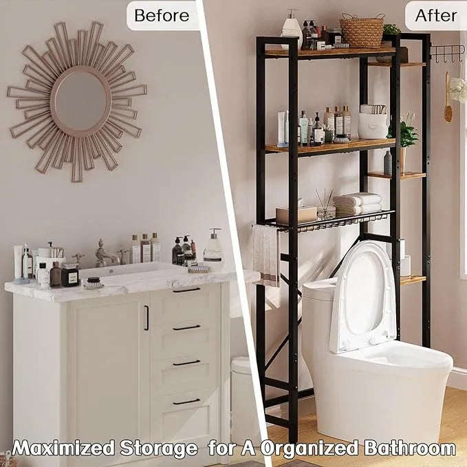 Over The Toilet Storage with Side Shelf, 7 Tier Bathroom Organizer Rack with Paper Holder, Hooks and Basket, Freestanding Above Toilet Shelf for Laundry, Quick Interlock Install (Vintage Brown) - ModernBath