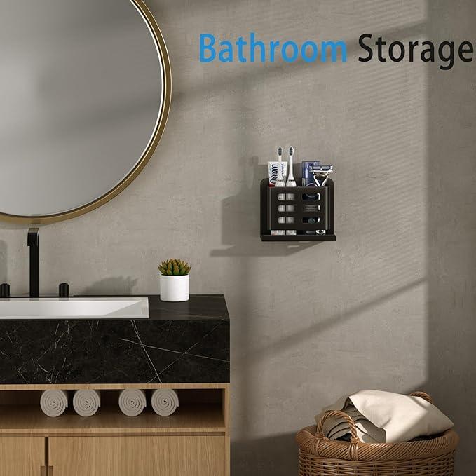 YESENT Black Wall-Mounted Toothbrush Holder, Aluminum Material Shower Shaver Storage Rack, No Drilling Required, Removable Toothpaste Storage Rack - ModernBath