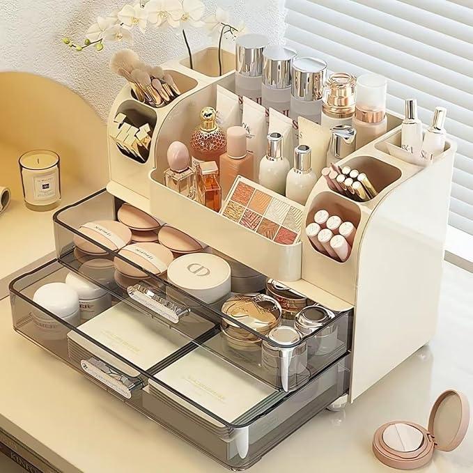 Makeup Organizer with Drawers for Vanity,Bathroom Countertop Organizer with Brushes Holder,Skincare Storage Organizer,Perfect Cosmetic Display Case for Skincare,Lipstick and Beauty Essential (Cream) - ModernBath