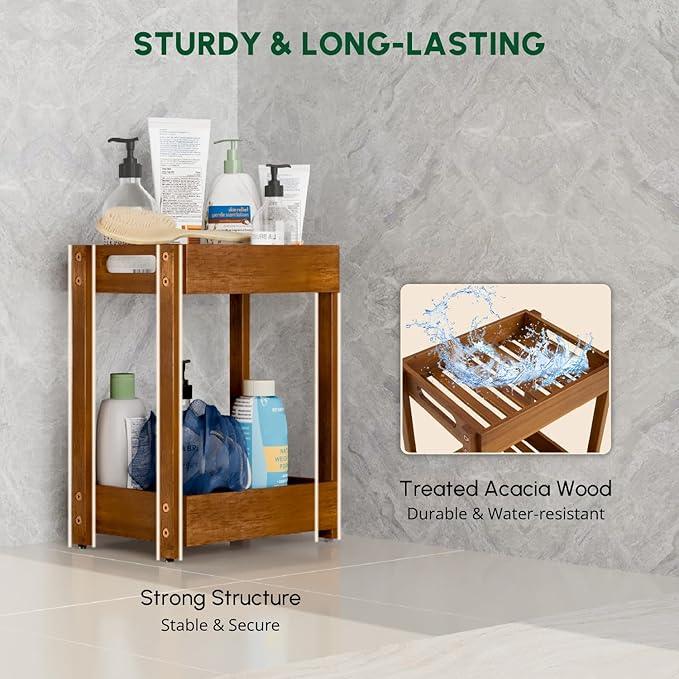 BEEFURNI Acacia Wood Shower Caddy, 2 Tier Shower Organizer, Sturdy Corner Shower Caddy, Wooden Bathroom Shelves Freestanding, Bathroom Standing Shelf (2T) - ModernBath
