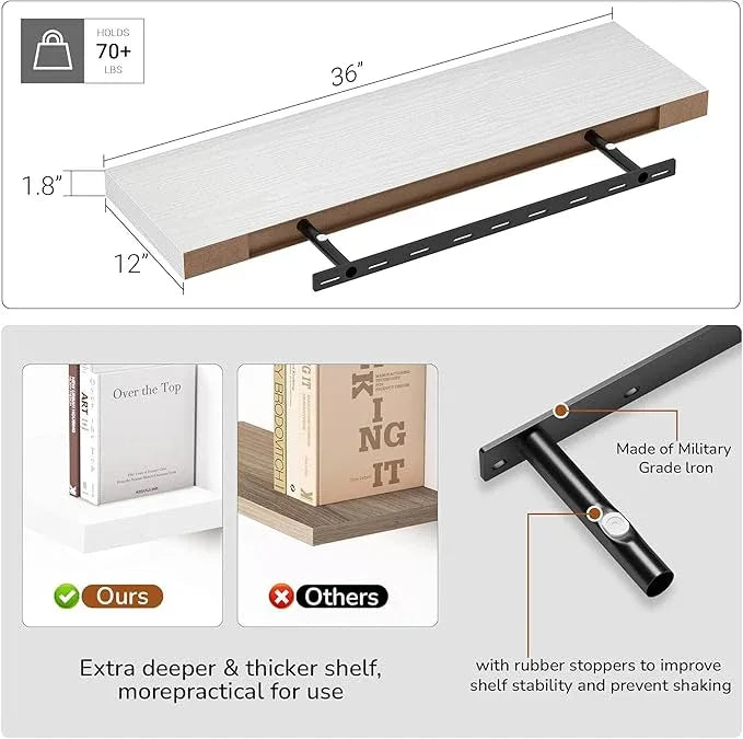 Vivelove Single Floating Shelves 36 Inches, 36 x 10 inch Deep x 1.8 in Thick, Long Floating Shelves for Bedroom, Living Room, Kitchen, Office, Shelves for Wall, Modern Home Decor, White - ModernBath