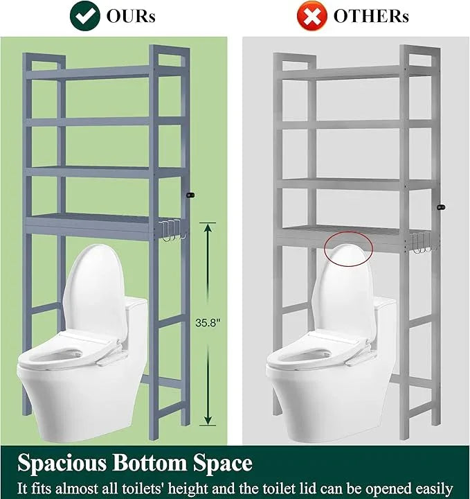 Smiry Over The Toilet Storage Cabinet, 4-Tier Bamboo Bathroom Organizers with Adjustable Shelf & 4 Hooks, Space Saving Shelf Rack for Bathrooms, Laundry Room, Balcony, Grey - ModernBath