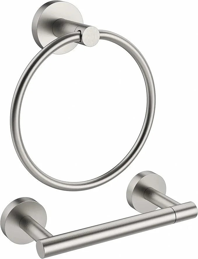 Brushed Toilet Paper Holder & Towel Ring SUS304 Stainless Steel 2pc Bathroom Hardware Set with Double Post Pivoting Toilet Paper Roll Holder Wall Mount & Bathroom Towel Holder Set - ModernBath