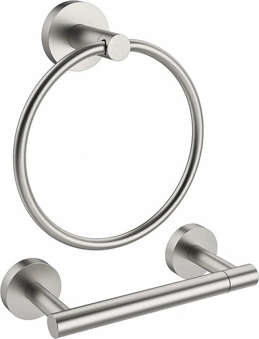 Brushed Toilet Paper Holder & Towel Ring SUS304 Stainless Steel 2pc Bathroom Hardware Set with Double Post Pivoting Toilet Paper Roll Holder Wall Mount & Bathroom Towel Holder Set - ModernBath