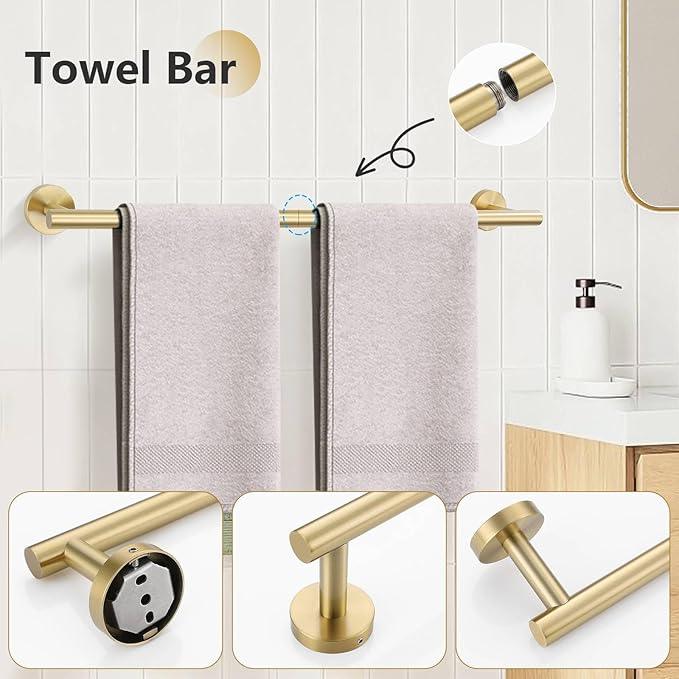 TNOMS 5-Piece Towel Bar Set Brushed Gold Bathroom Hardware Accessories Set Include 23.6in Towel Bar Toilet Paper Holder Towel Ring Upgraded Towel Hooks Towel Holder Set Stainless Steel Wall Mounted - ModernBath