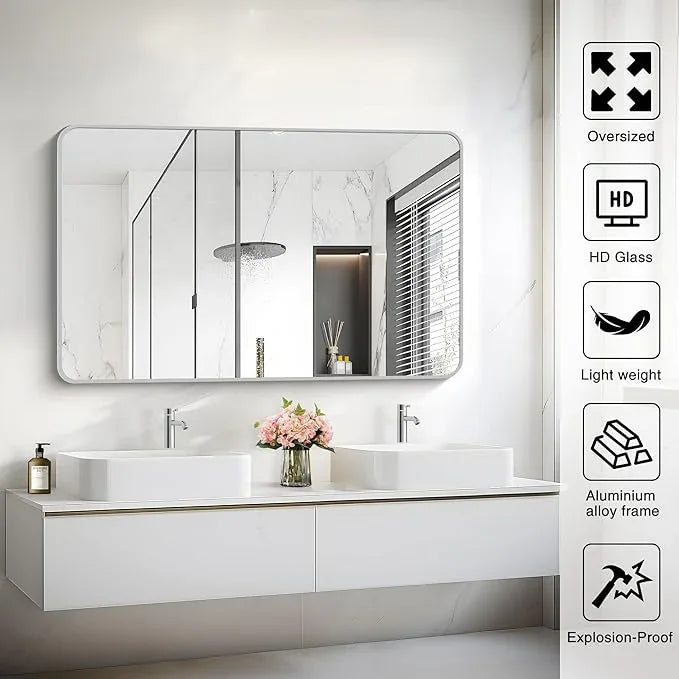 CIVENO 48x30 Inch Silver Bathroom Mirror, Metal Framed Silver Rectangle Mirrors, Rounded Rectangular Vanity Mirror, Wall Mounted Mirrors for Living Room Bedroom Entryway Hangs Horizontal or Vertical - ModernBath