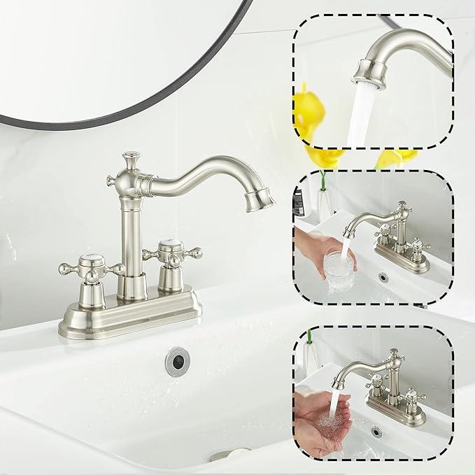 GGStudy Bathroom Faucet Brushed Nickel 2 Handles 4 Inches Centerset RV Vanity With Drain Assembly and Supply Hose - ModernBath