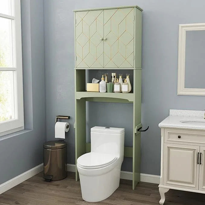 HLR Over The Toilet Storage Cabinet with Gold Trim, Over Toilet Bathroom Organizer with Adjustable Shelves and Toilet Paper Holder, Above Toilet Storage Cabinet Spacesaver for Bathroom (Green) - ModernBath