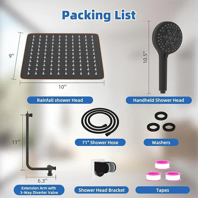 All Metal Shower Head, 10" High Pressure Rainfall/Handheld Shower Combo with 11" Extension Arm, 10-Spray Handheld Showerhead, 71" Long Hose, 3-Way Diverter Valve, Oil Rubbed Bronze - ModernBath