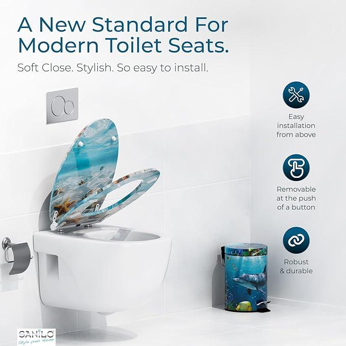 Sanilo Wooden Toilet Seat with Quick Release & Soft Close [ELONGATED] - Decorative & Slow Close Molded Wood Seat - With One Click for Easy Installation & Cleaning - With Adjustable Fit (Waterworld) - ModernBath