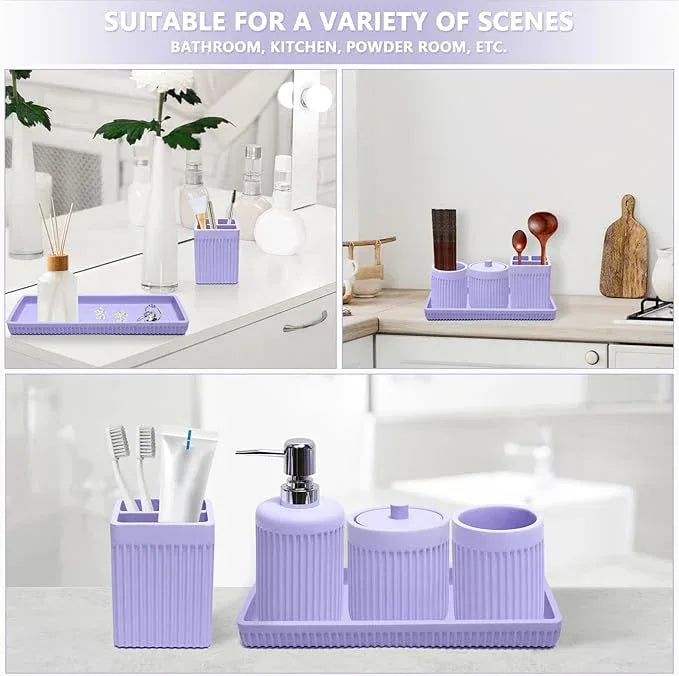 XLHOMO Resin Light Purple Bathroom Accessories Set 5 Pcs, Lotion Soap Dispenser, Toothbrush Holder, Bathroom Tumbler, Qtip Holder and Vanity Tray, Bathroom Countertop Organizer Set for Home Apartment - ModernBath