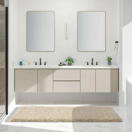 Yimobra Luxury Bathroom Rugs, Fluffy Bath Mats, Non Slip, Water Absorbent Microfiber, Machine Washable, Plush Runner Shower Rugs, Thick Matts for Bathroom Floor/Tub, 70"x 24", Light Beige and White - ModernBath