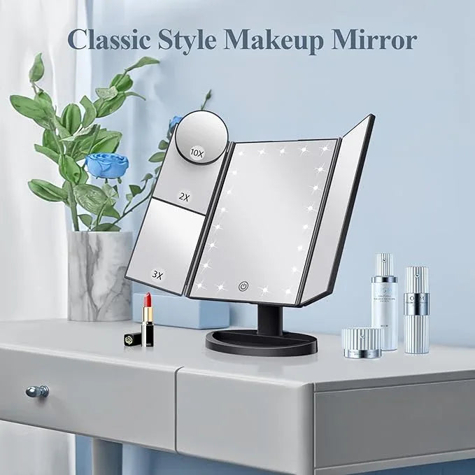 HUONUL Makeup Mirror Vanity with Lights, 2X 3X 10X Magnification, Touch Control, Trifold Mirror, Dual Power Supply, Gifts for Women, Wife, Mom, Teengirls(Black) - ModernBath