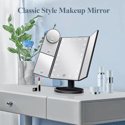 HUONUL Makeup Mirror Vanity with Lights, 2X 3X 10X Magnification, Touch Control, Trifold Mirror, Dual Power Supply, Gifts for Women, Wife, Mom, Teengirls(Black) - ModernBath