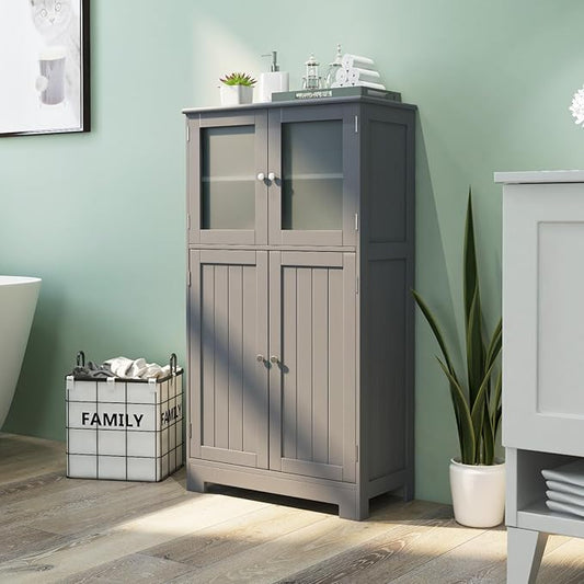 Tangkula Bathroom Floor Cabinet, Freestanding Storage Cabinet w/Glass Doors, Wood Kitchen Cupboard w/Adjustable Shelf, Bathroom Storage for Hallway Living Room Office (Cabinets, Grey)