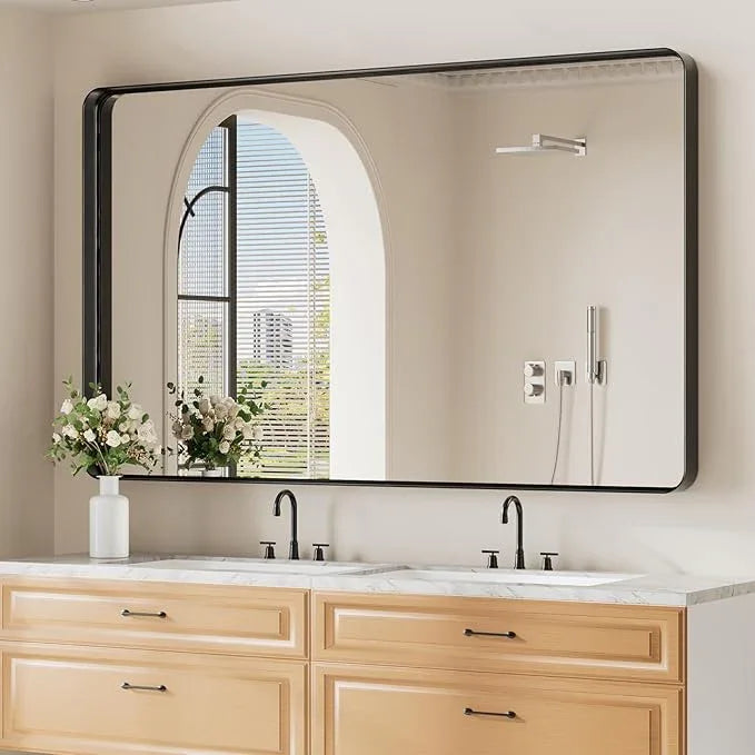 Koonmi Black Wall Mirror for Bathroom, 36x60 Inch Matte Deep Framed Rounded Rectangle Vanity Mirror for Farmhouse Living Room, Tempered Glass, Anti-Rust, Vertically or Horizontally - ModernBath