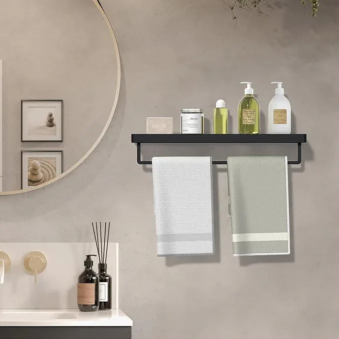 Floating Glass Shelves for Bathroom 20-in with Towel Bar/Tempered Glass Rectangular 1 Tier Organizer Shelf (Matte Black, 20'') - ModernBath