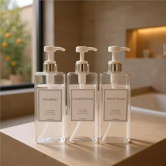 Modern Design Shampoo and Conditioner Dispenser, Large 27oz Shower Soap Dispenser, Set of 3 Refillable Empty Plastic Pump Bottles for Bathroom, 6 Waterproof Labels Included, (Clear & Silver) - ModernBath