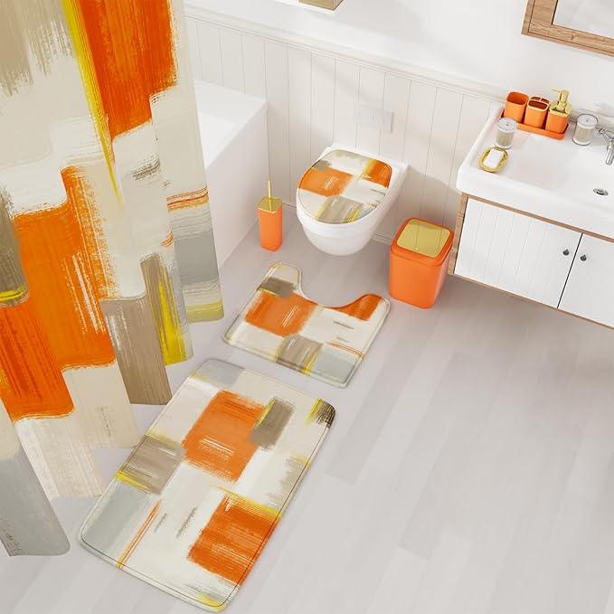 XLHOMO Bathroom Accessories Set - 25PC Bathroom Set with Shower Curtain and Rugs, Orange Bathroom Set, Bathroom Accessory Set with Press-on Lid Trash Can, Soap Dispenser and Qtip Holders - ModernBath