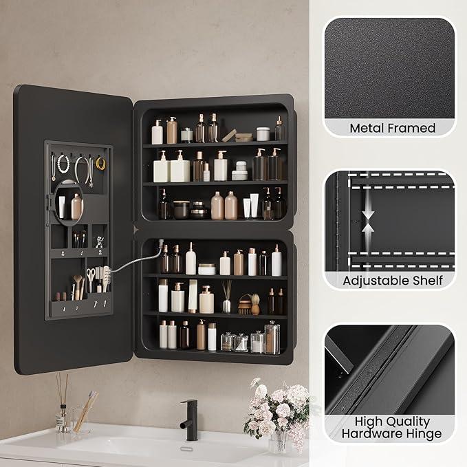 24x36 Inch LED Lighted Medicine Cabinet with Mirror for Bathroom, Wall Mounted or Recessed Mirror Cabinet with 3X Magnifying Mirror, Adjustable Storage Shelves, Modern Design - ModernBath