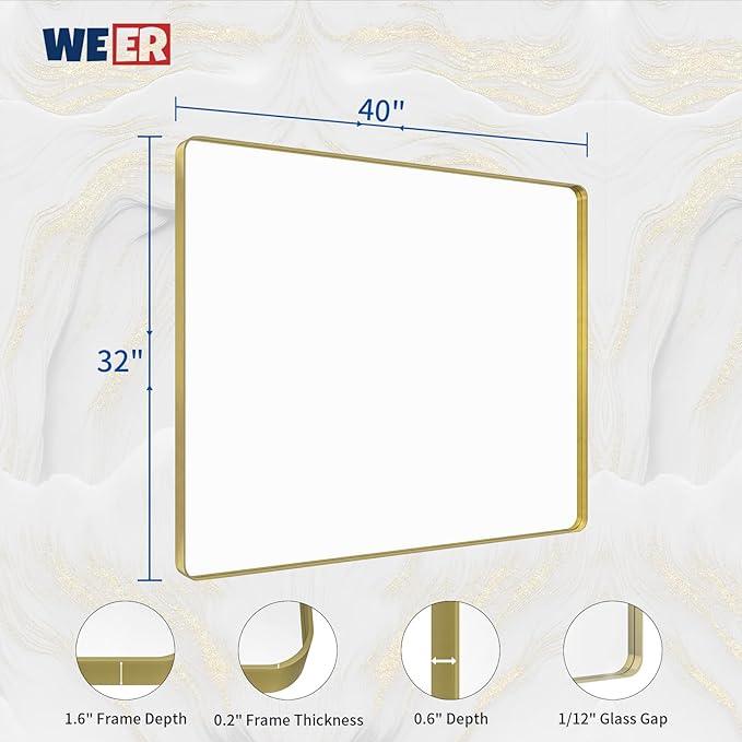 WEER Gold Bathroom Mirror, 40X32 Inch Brushed Gold Metal Frame Mirror, Rounded Rectangle Gold Bathroom Vanity Mirror for Wall, Tempered Glass, Anti-Rust, Hangs Horizontally or Vertically - ModernBath