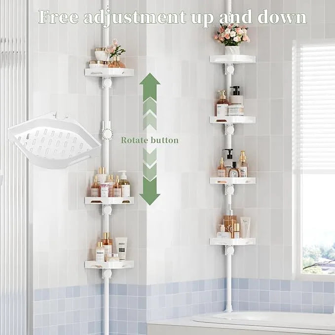 akinbas Tension Pole Shower Caddy Organizer with 4 Tier L-Shaped Rust Resistant Bathroom Corner Shelves with 34-124 Inch Adjustable No Drilling Quick Install Shower Rack for Bath Essentials (White) - ModernBath