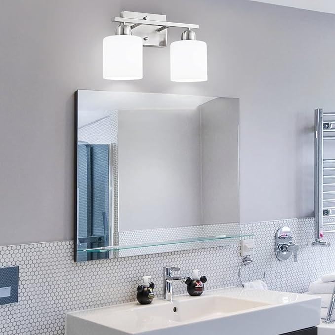 Brushed Nickel Bathroom Light, 2 Light Bathroom Vanity Light Brushed Nickel, Vanity Lamp with Milky White Frosted Glass Shades, E26 Socket - ModernBath