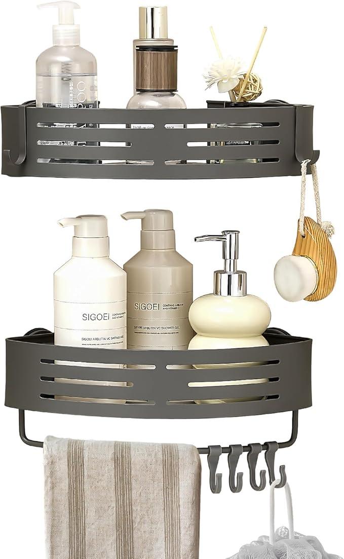 Suction Cup Shower Caddy Corner, Shower Storage Rack With Large Capacity, No Drilling Suction Shelves Space-Saving Shower Organizer with Towel Bar Hooks for Bathroom & Home Decor(2pcs, Gray) - ModernBath