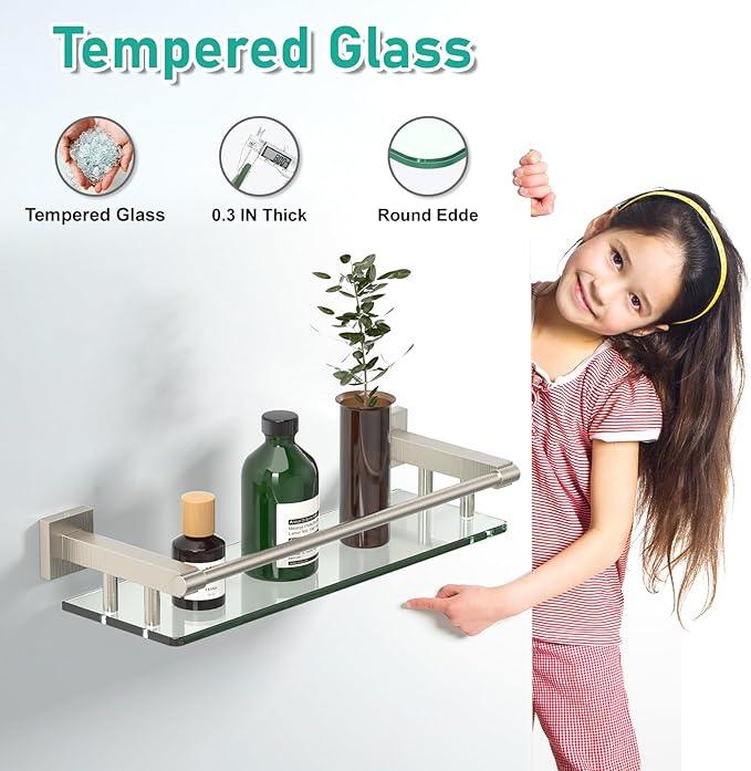 Glass Shelves for Bathroom, 16IN Brushed Nickel Bathroom Shelves for Wall Rectangular Stainless Steel Tempered Glass Modern use for Shelf Sink Over Toilet - ModernBath