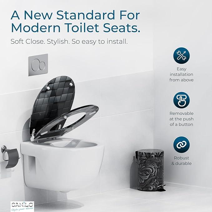 Sanilo Wooden Toilet Seat with Quick Release & Soft Close [ROUND] - Decorative & Slow Close Molded Wood Seat - With One Click for Easy Installation & Cleaning - With Adjustable Fit (Cube) - ModernBath