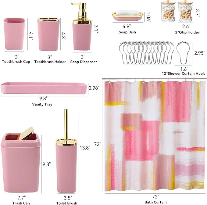 XLHOMO Pink and Gold Bathroom Accessories Set, Bathroom Sets with Shower Curtain, Pink Bathroom Accessories with Trash Can, Soap Dispenser, Soap Dish, Toilet Brush Holder, Qtip Holders for Bathroom - ModernBath