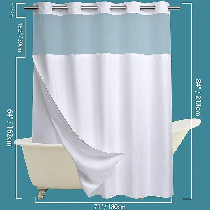 Conbo Mio Extra Long No Hook Waffle Weave Shower Curtain with Snap in Liner Set, Hotel Luxury White Shower Curtains for Bathroom with See Through Top Window, Waterproof, Washable 71W x 84H Stripe - ModernBath