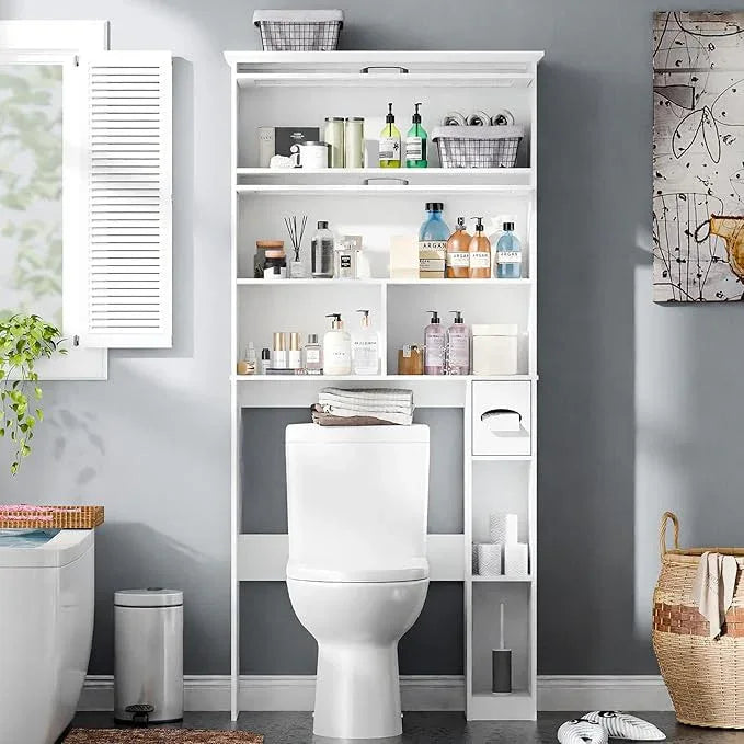 Vabches Over The Toilet Storage Cabinet with Transparent Door, Toilet Paper Storage Cabinet with Multi Layer Shelves Suitable for Bathroom, Laundry Room, Freestanding Bathroom Storage Rack, White - ModernBath