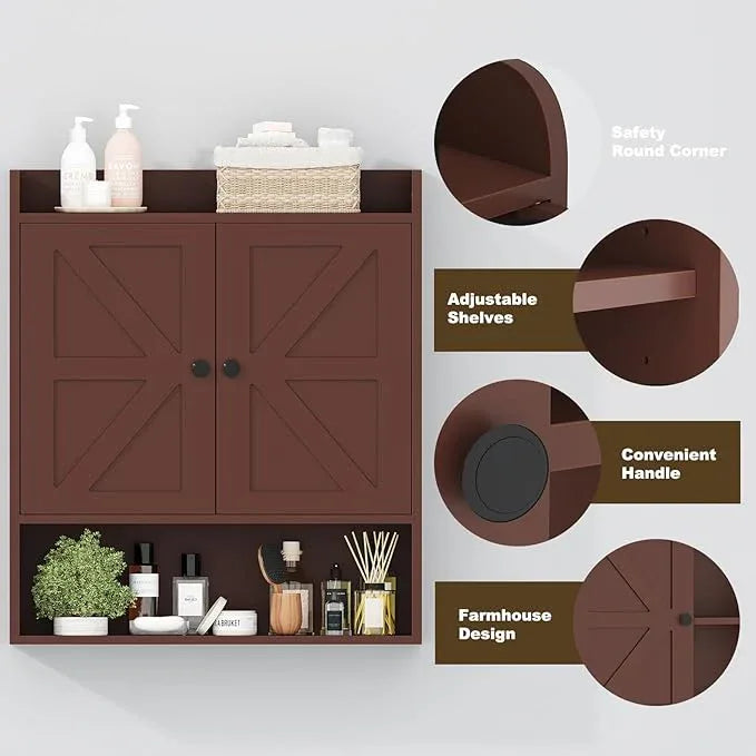 EasyCom 22" W x 26" H Bathroom Wall Cabinet, Farmhouse Medicine Cabinet with Adjustable Shelves and Double Barn Doors, Over The Toilet Storage Cabinet for Bathroom, Kitchen, Living Room, Russet - ModernBath