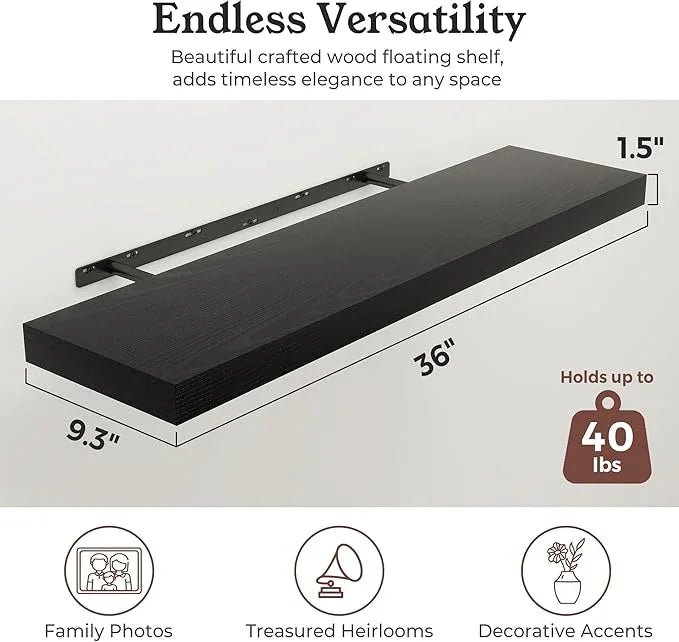 Floating Shelves for Wall, Wall Mounted Rustic Wood Shelves for Bathroom, Bedroom, Living Room, Kitchen, Hanging Shelf for Books/Storage/Room Decor (Black, 36") - ModernBath