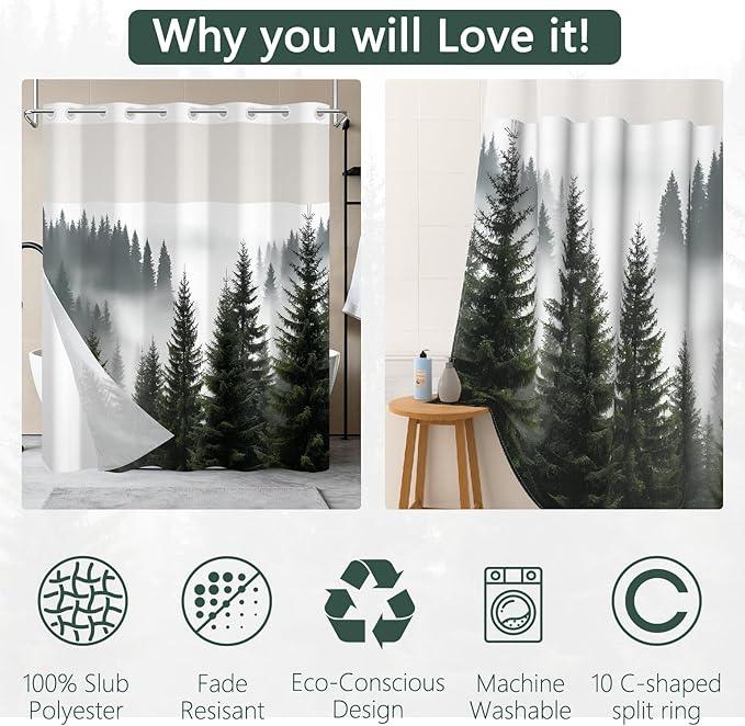 NAEMBCU No Hook Landscape Shower Curtain with Snap-in Liner, Green Misty Forest Bath Curtain with See Through Top, Waterproof Double Layer for Bathroom Decor, 71 x 74 Inch - ModernBath