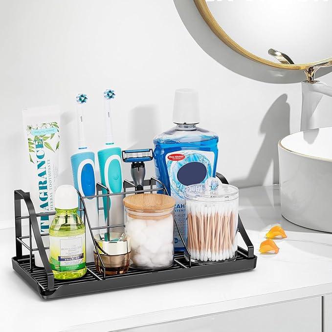 Bathroom Countertop Organizer - Detachable 7 Slots Kids Electric Black Toothbrush and Toothpaste Holder Drainage Tray for Bathroom Accessories Organization Counter Vanity Sink Storage - ModernBath