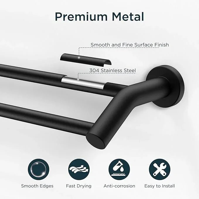 FORIOUS Double Towel Bar 24 Inch, Heavy Duty SUS304 Stainless Steel Dual Towel Racks for Bathroom Wall Mount, Space Saving Towel Rod Towel Holder Rail, Matte Black - ModernBath