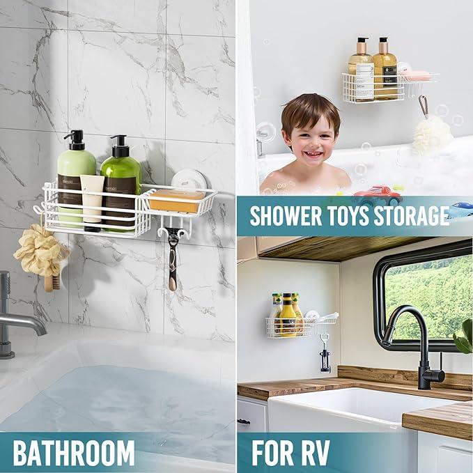 TAILI Shower Caddy Suction Cup with Hooks & Soap Holder, Heavy Duty Bathroom Shower Organizer, No Drilling Shelves for Inside Bathroom, Metal Storage Basket-White - ModernBath
