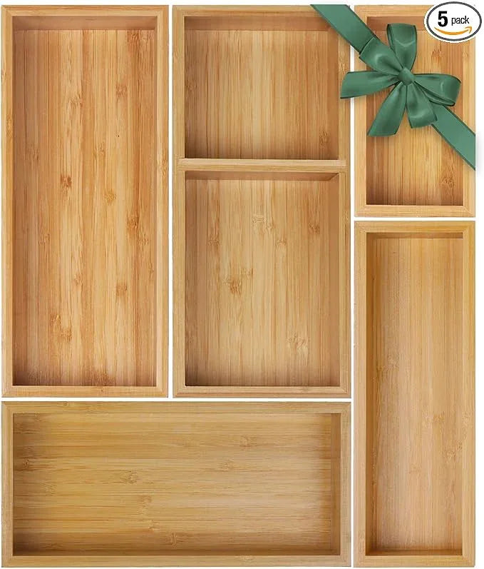 Bamboo Drawer Organizer Set, 5 PCS Multi-Use Individual Wood Storage Organizers, Junk Drawer Divider and Storage Trays Containers for Kitchen, Bathroom, Office Desk, Makeup, Jewelry, Utensils - ModernBath